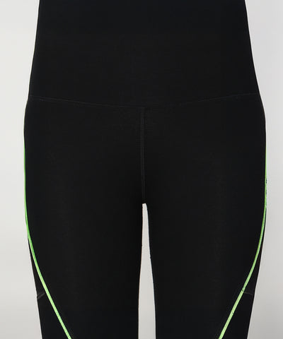 Fab Fit Neon Pop Leggings: Black high-waisted leggings with neon green side stripes and a flattering high-rise waistband, shown waist to mid-thigh.