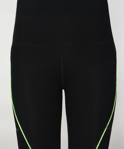 Fab Fit Neon Pop Leggings: Black high-waisted leggings with neon green side stripes and a flattering high-rise waistband, shown waist to mid-thigh.