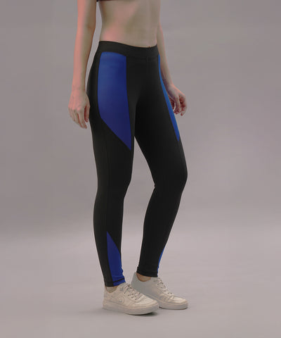 Wearing Black and Blue Pants, featuring high-performance four-way stretch fabric for exceptional comfort and flexibility, paired with white sneakers against a plain background.