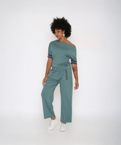 Sporty Sage Green Off-shoulder Tracksuit Set