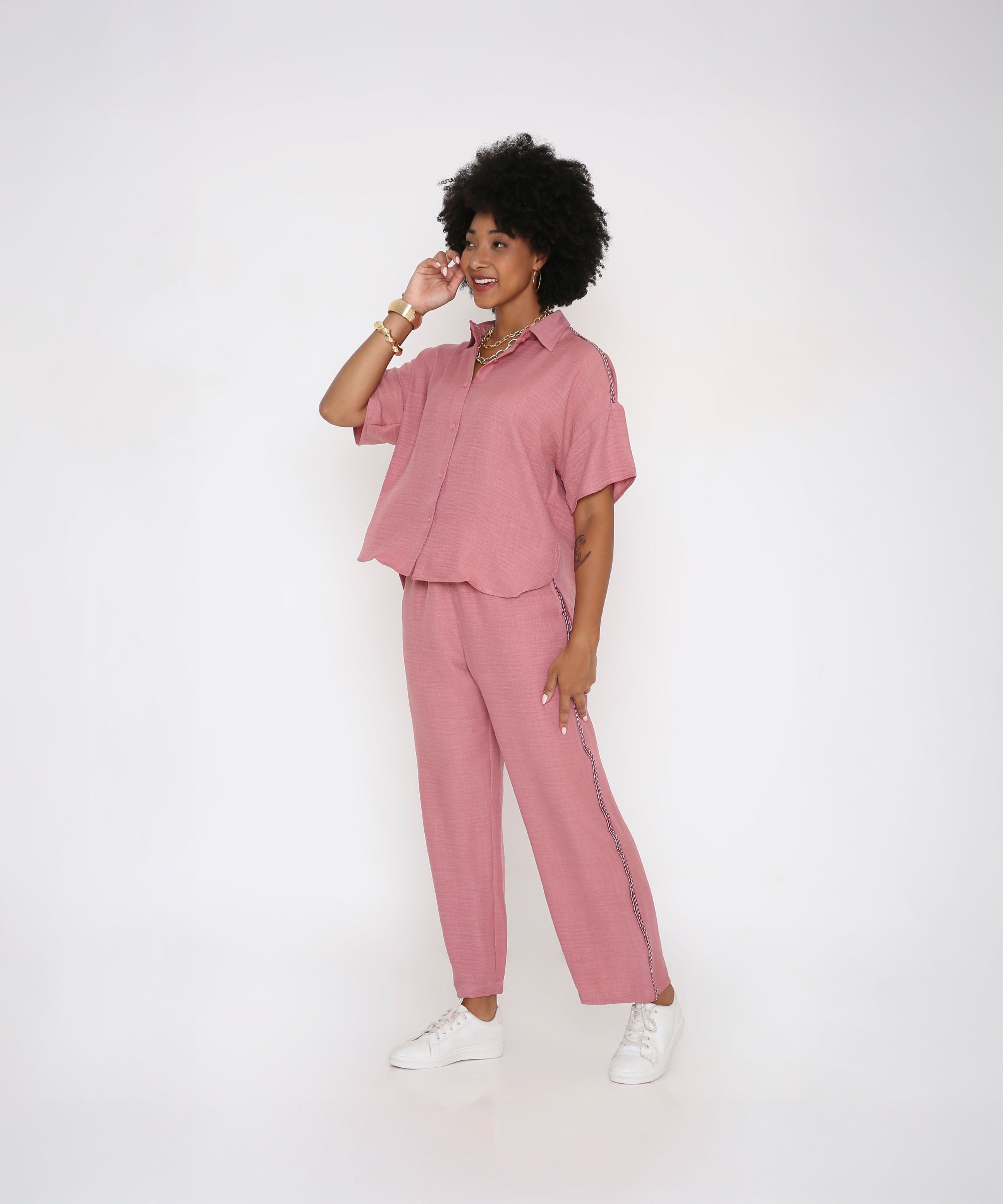 Vintage Pink Loose Shirt and Pant Cord Set