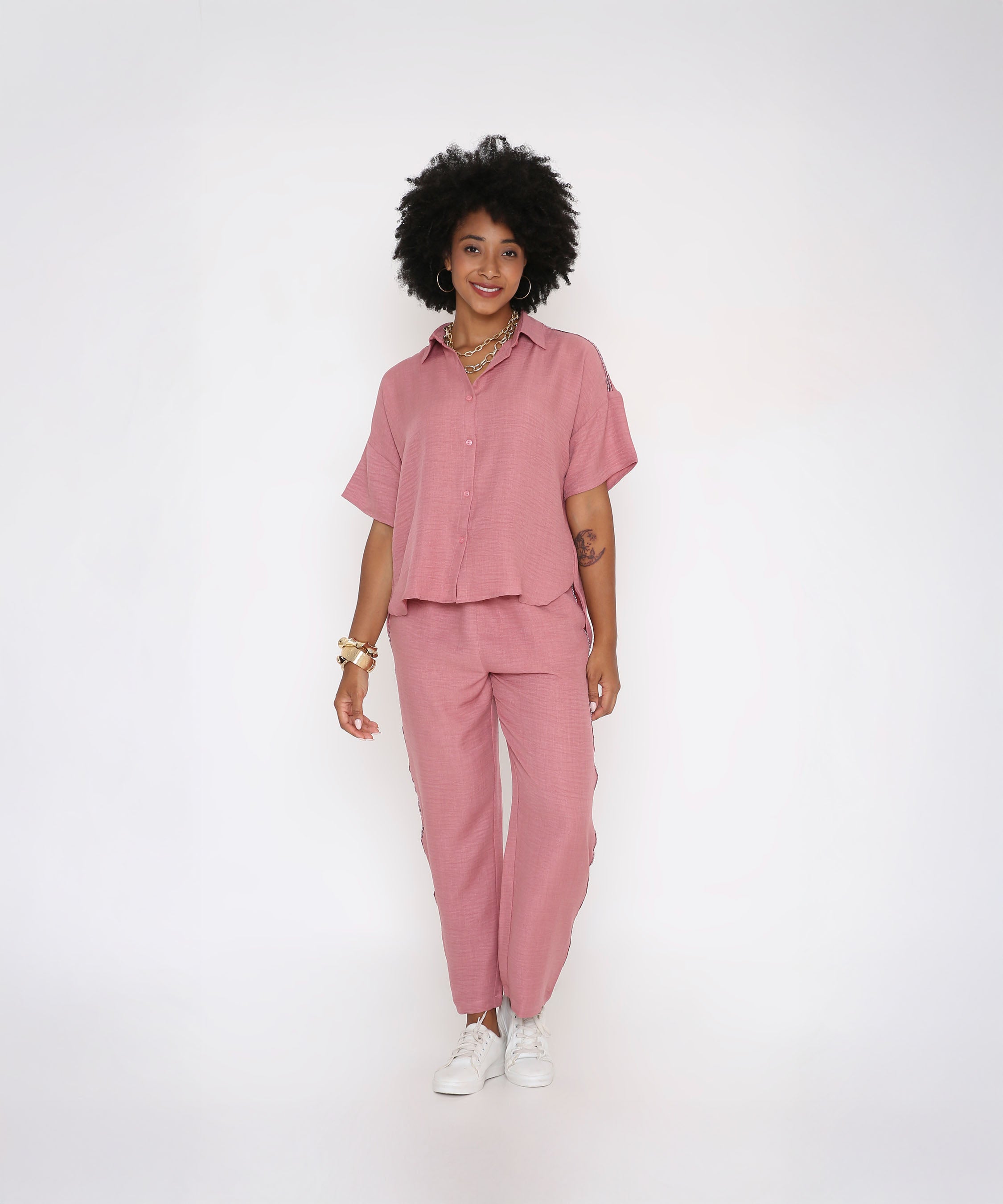 Vintage Pink Loose Shirt and Pant Cord Set