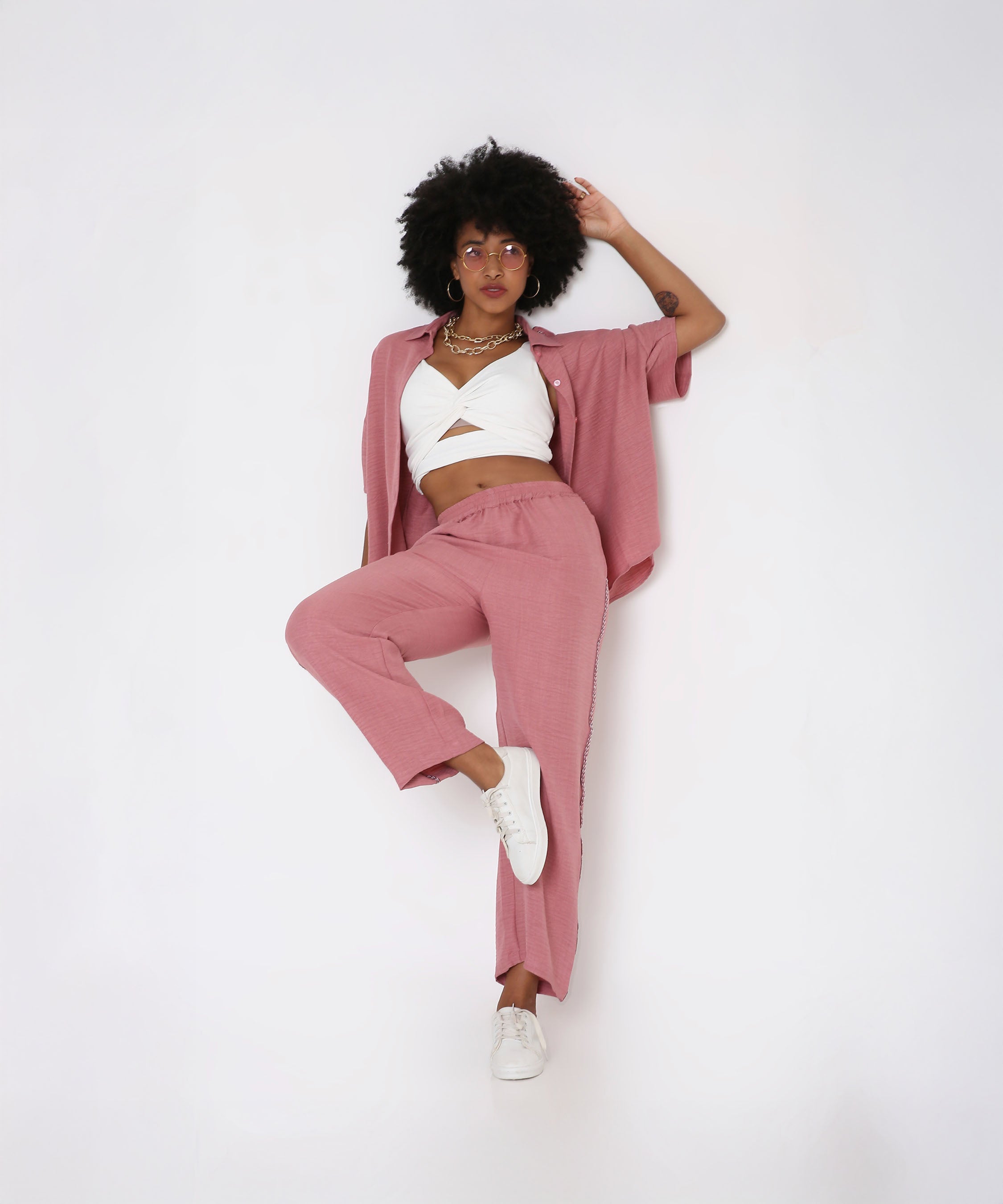 Vintage Pink Loose Shirt and Pant Cord Set