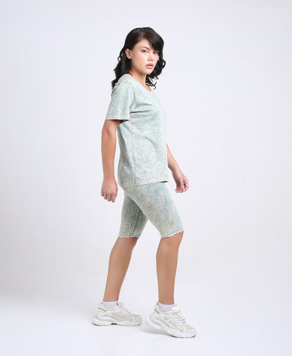Sage Green Denim Wash Biker Shorts
