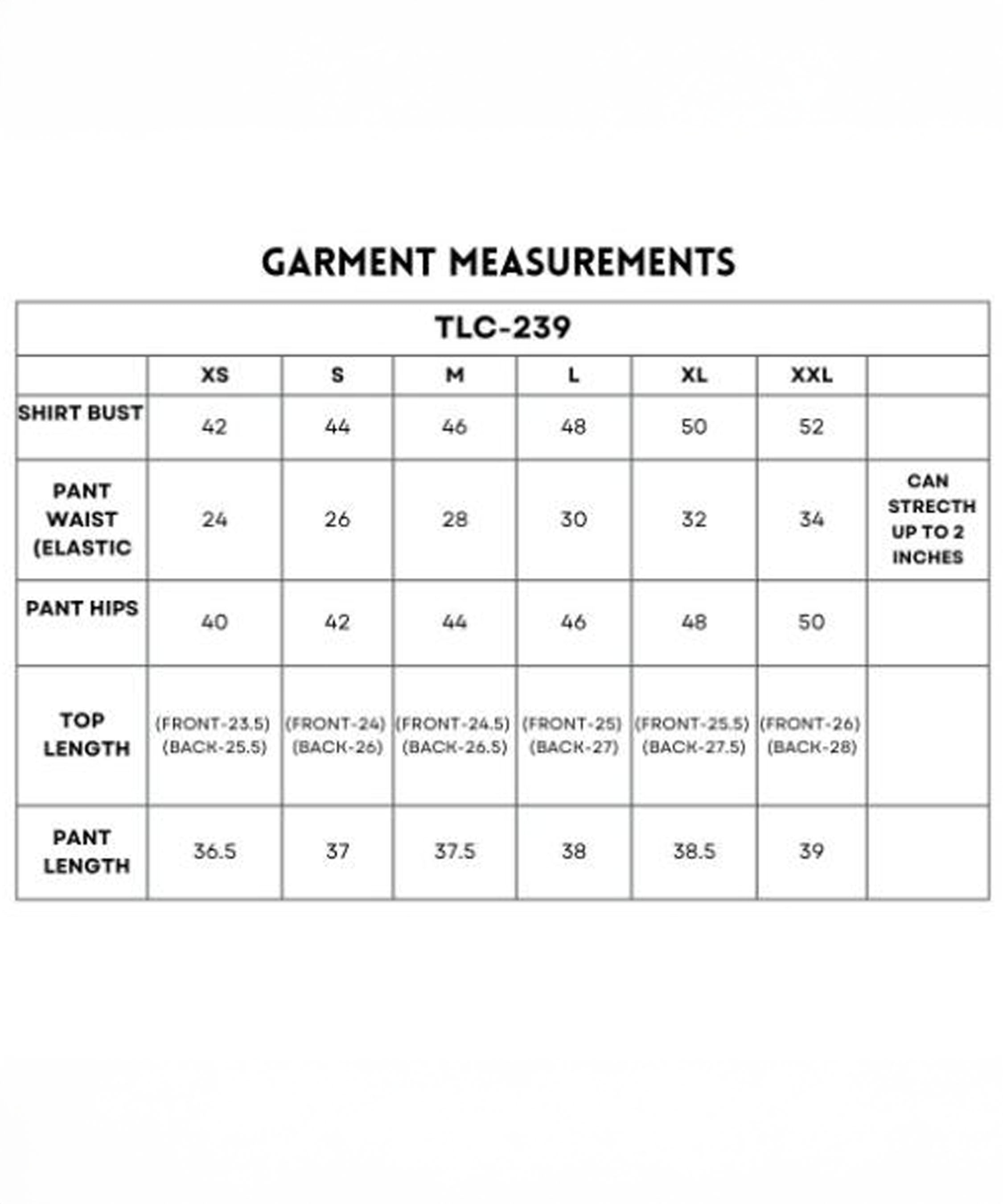 Garment measurement chart for Denim Accented Set, a 100% cotton shirt and joggers outfit, listing shirt, pants, and top lengths for sizes XS to XXL.