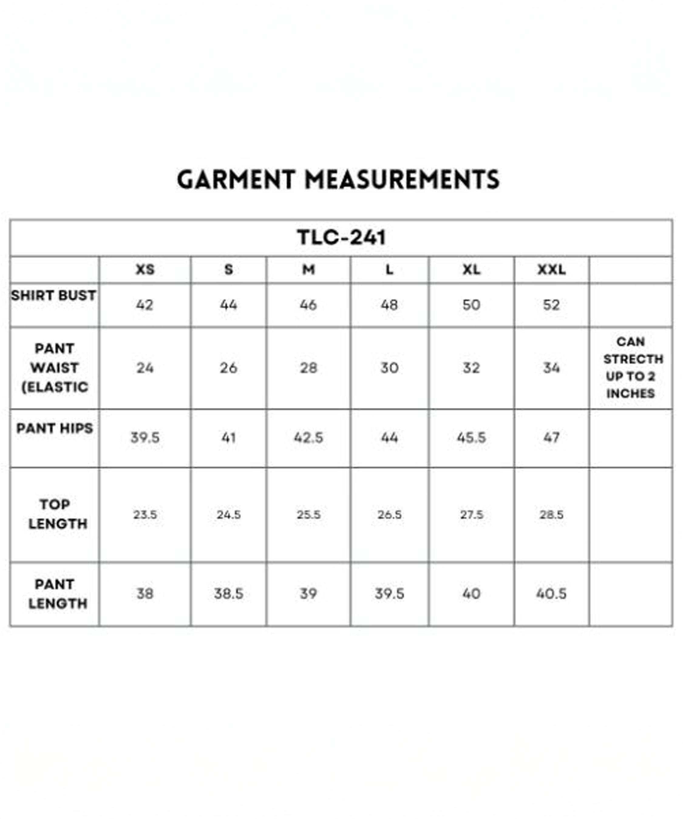 Garment measurement chart for the Effortlessly Chic Set in sizes XS to XXL, featuring shirt, pant, and top dimensions—including styles like cotton batwing sleeve shirts and denim sidestrip joggers.