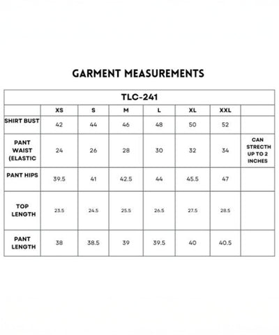 Garment measurement chart for the Effortlessly Chic Set in sizes XS to XXL, featuring shirt, pant, and top dimensions—including styles like cotton batwing sleeve shirts and denim sidestrip joggers.