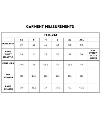 Garment measurement chart for the Effortlessly Chic Set in sizes XS to XXL, featuring shirt, pant, and top dimensions—including styles like cotton batwing sleeve shirts and denim sidestrip joggers.