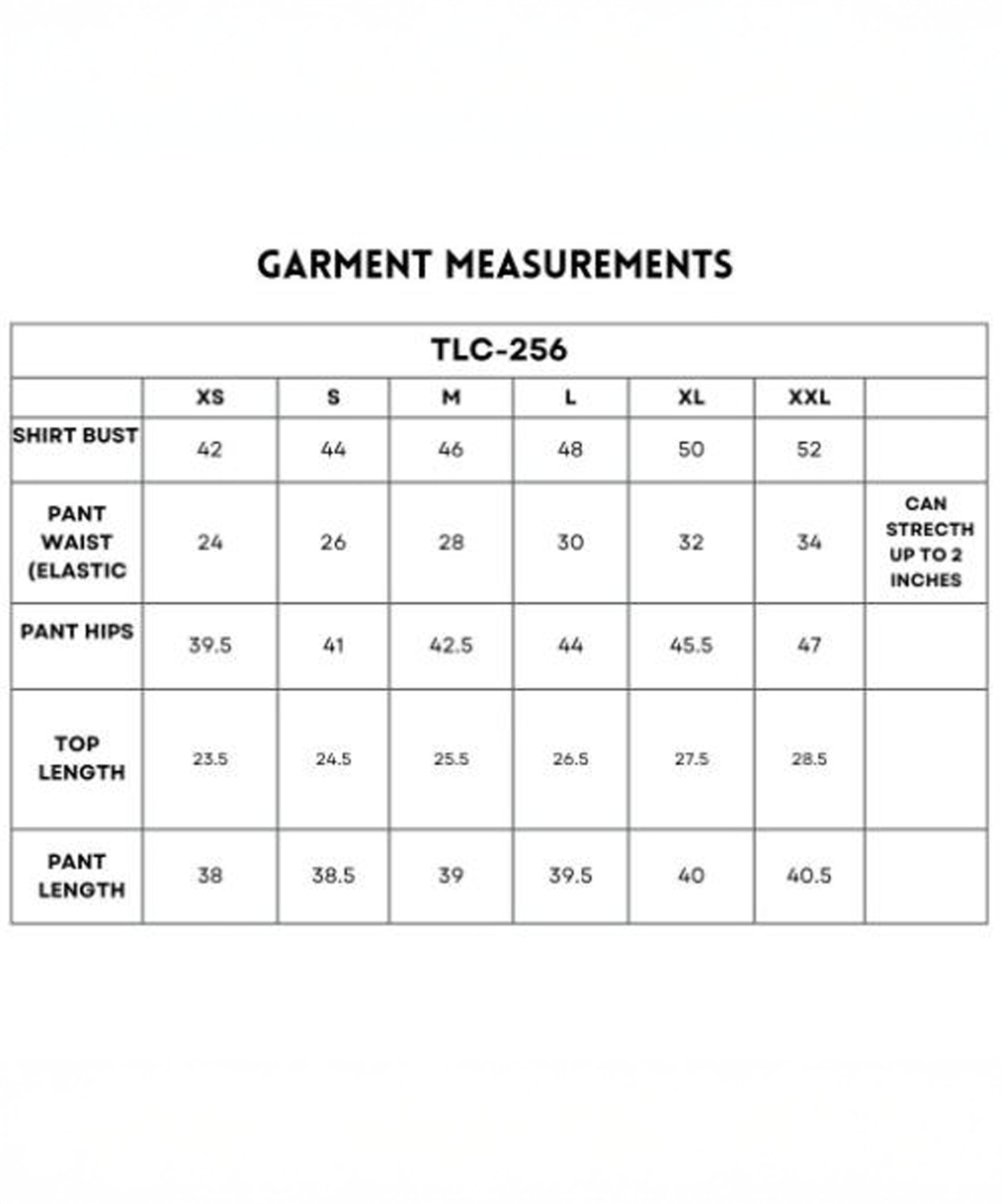 Denim Chic Set size chart (XS–XXL) includes shirt bust, pant waist, hips, top length, and pant length for the cotton co-ord set with batwing sleeve shirt and cargo track pant.
