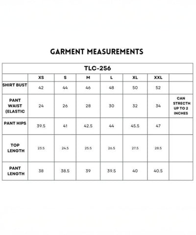 Denim Chic Set size chart (XS–XXL) includes shirt bust, pant waist, hips, top length, and pant length for the cotton co-ord set with batwing sleeve shirt and cargo track pant.
