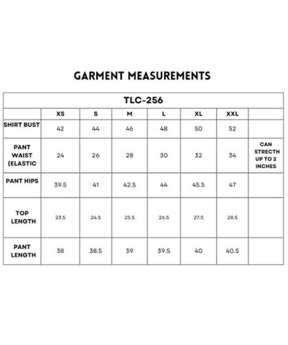 Denim Chic Set size chart (XS–XXL) includes shirt bust, pant waist, hips, top length, and pant length for the cotton co-ord set with batwing sleeve shirt and cargo track pant.
