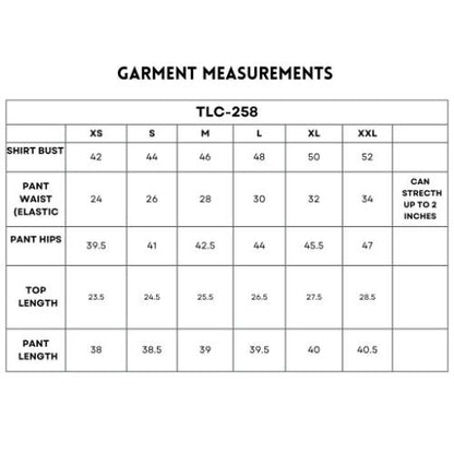Size chart for the Navy Blue Chic Set with shirt, batwing sleeve shirt, cargo track pant, and measurements for waist, hips, top length, and pant length in sizes XS-XXL.