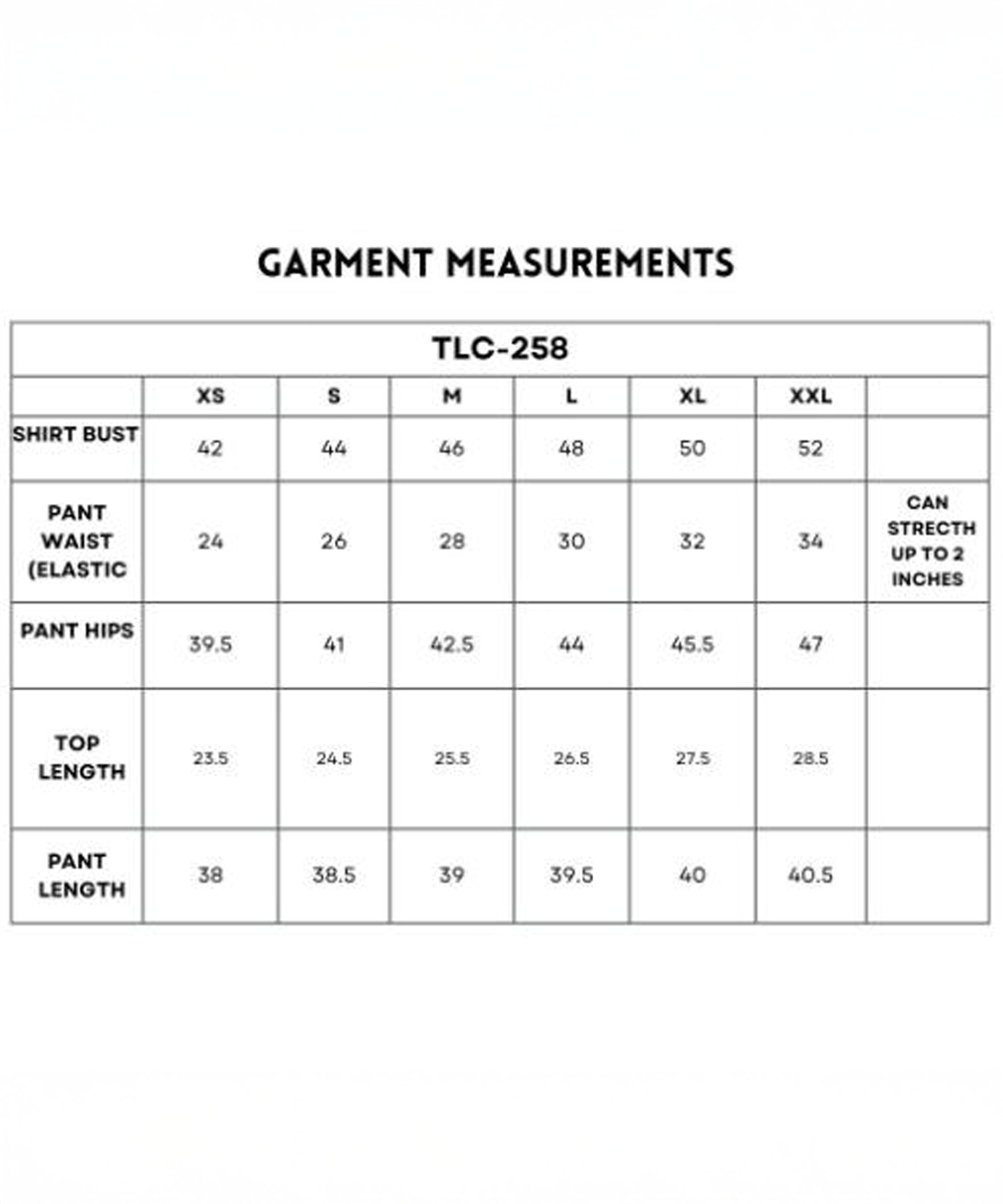 Garment measurement chart for sizes XS–XXL of the Navy Blue Chic Set, a co-ord with batwing sleeve shirt and track pants, showing bust, waist, hips, top length, and pant length.