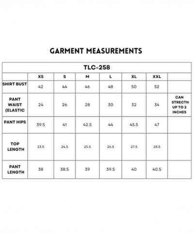 Garment measurement chart for sizes XS–XXL of the Navy Blue Chic Set, a co-ord with batwing sleeve shirt and track pants, showing bust, waist, hips, top length, and pant length.