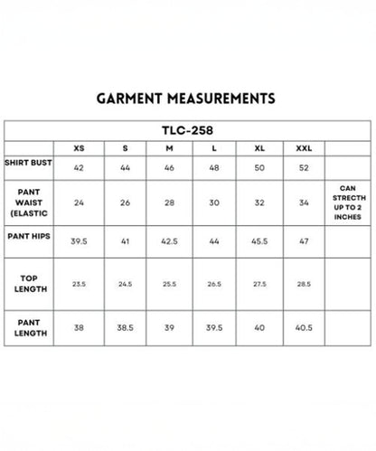 Garment measurement chart for sizes XS–XXL of the Navy Blue Chic Set, a co-ord with batwing sleeve shirt and track pants, showing bust, waist, hips, top length, and pant length.