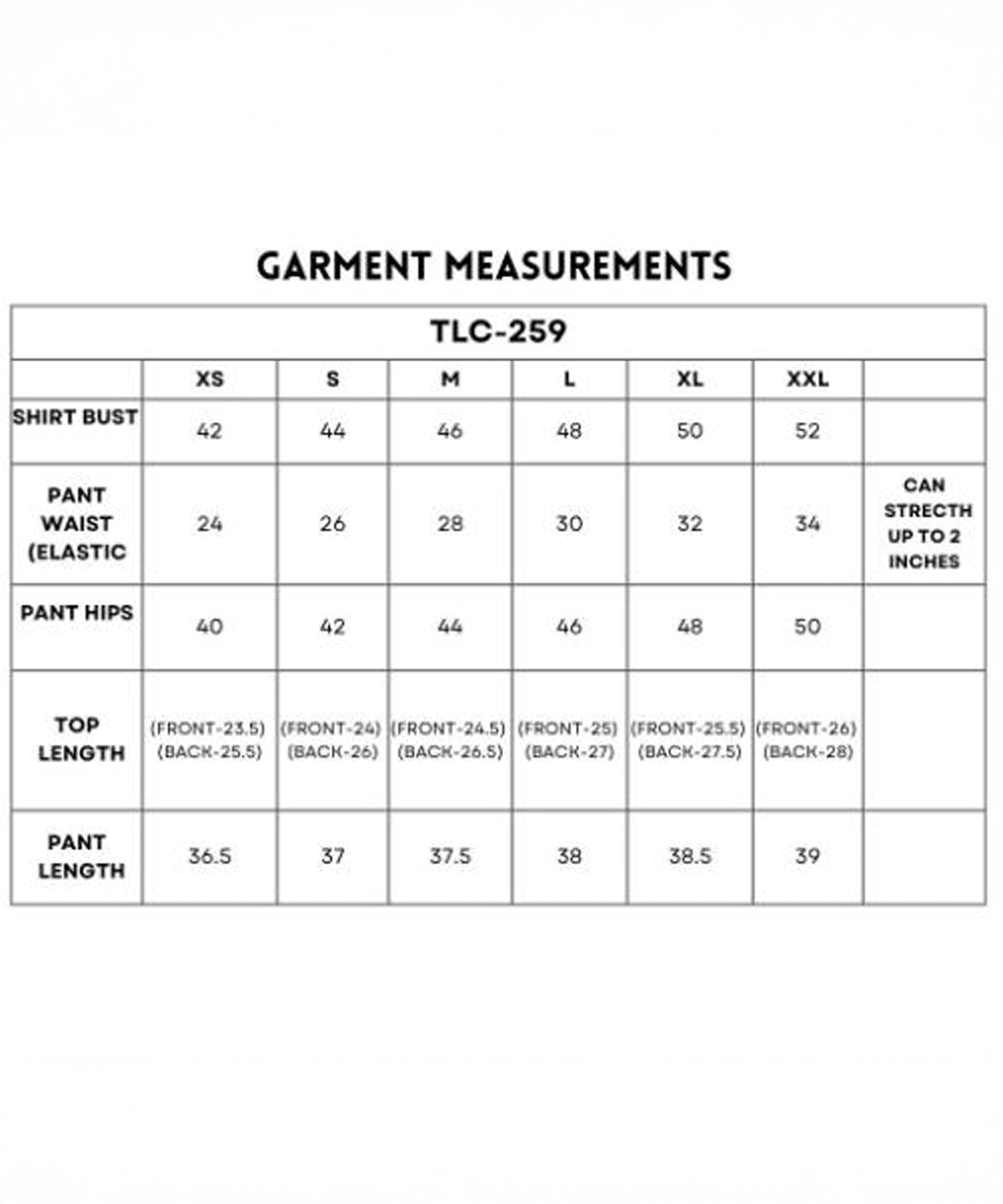 Size chart for Accented Set with measurements for batwing sleeve shirt, pants, and top in sizes XS to XXL.