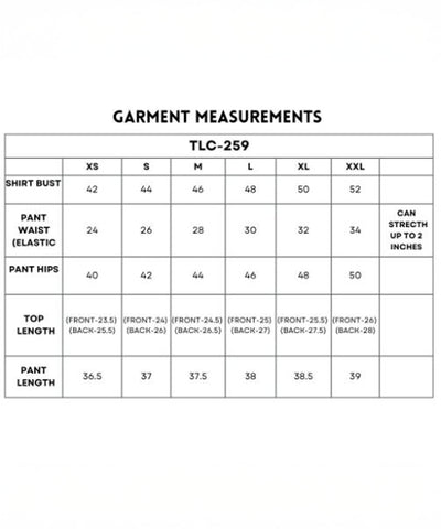 Size chart for Accented Set with measurements for batwing sleeve shirt, pants, and top in sizes XS to XXL.