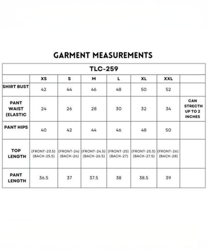 Size chart for Accented Set with measurements for batwing sleeve shirt, pants, and top in sizes XS to XXL.