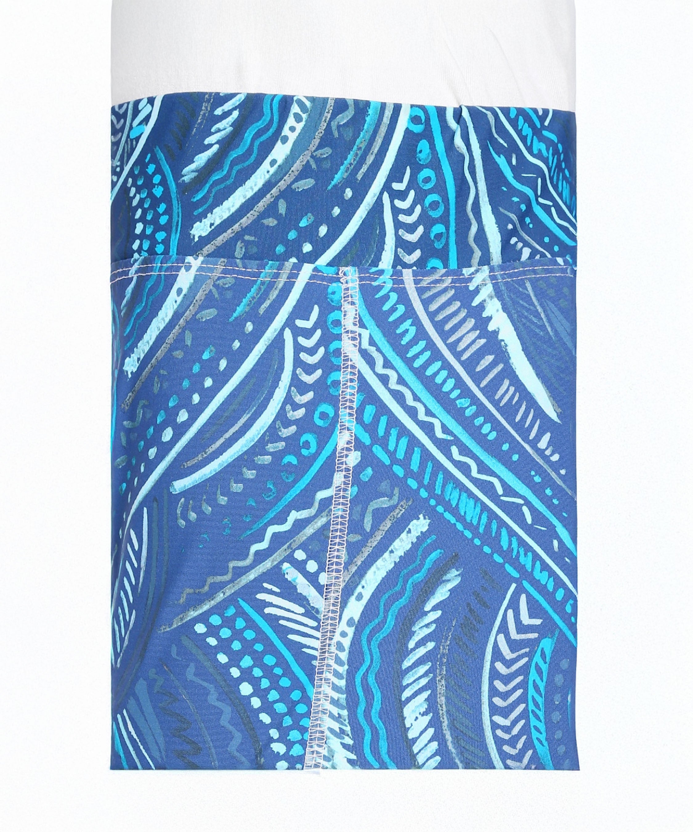 Close-up of Tuna Active Printed Blue Leggings featuring abstract blue and white wavy and dotted patterns.