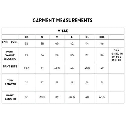 Garment measurements chart for the Denim Linen Co-Ord Set in sizes XS–XXL, detailing bust, waist, hips, top length, and pant length.