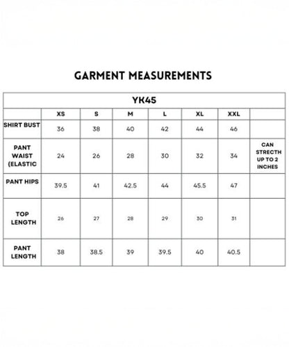 Denim Linen Co-Ord Set size chart (XS–XXL) provides shirt, pant, and top measurements in inches—perfect for finding your ideal relaxed fit or matching denim co-ord set.